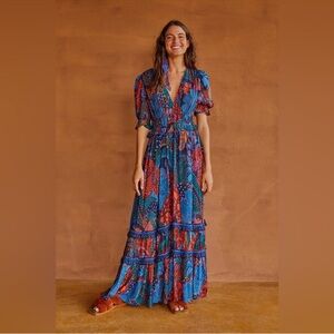 FARM Rio Blue Cool Leopard Ruffle Maxi Dress Size Small